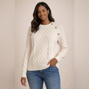 Talbots Cream Cable Knit Sweater Size Medium Petite Preppy Buttons Old Money